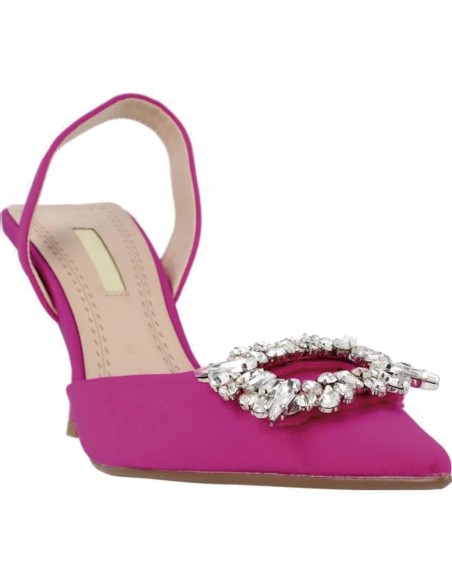 Fuchsia party shoe with rhinestone embellishment on the toe