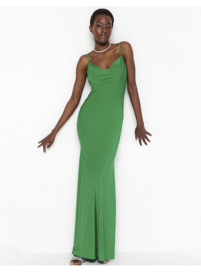 Satin evening dress with waterfall back orange