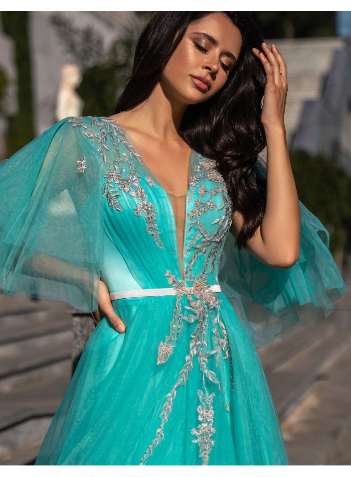 Long party dress with tulle bodice and rhinestones