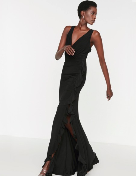 Robe longue élastique avec fente à volants