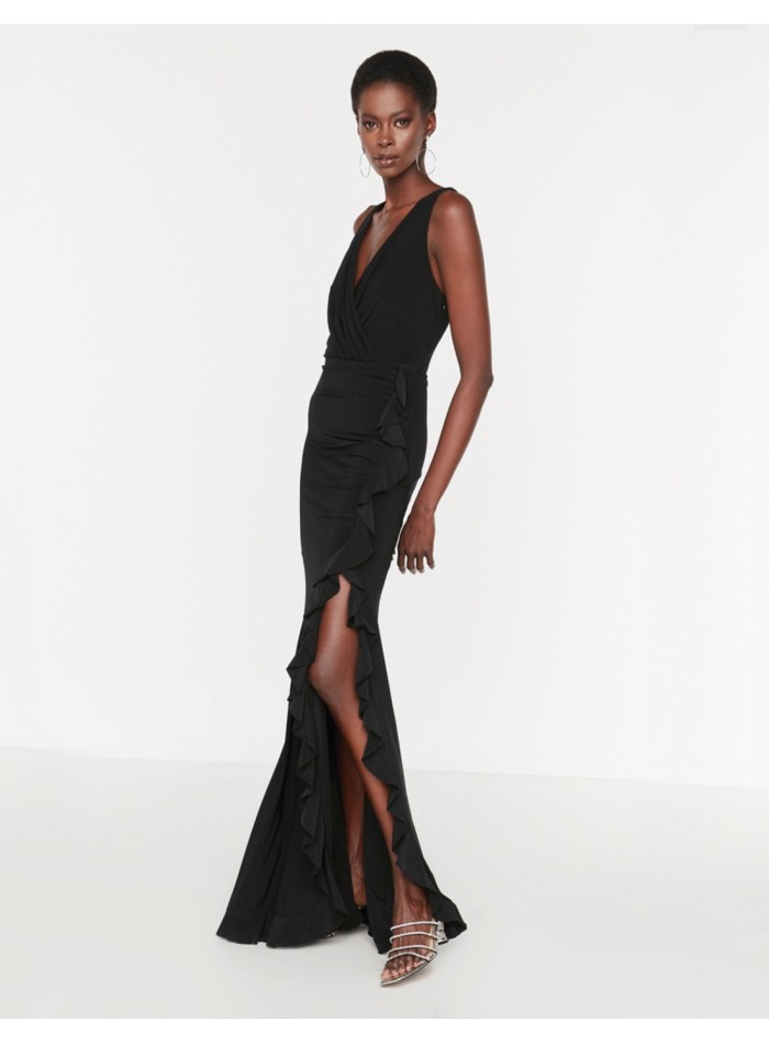 Robe longue élastique avec fente à volants