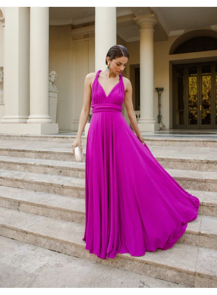 Long party dress with multiposition neckline