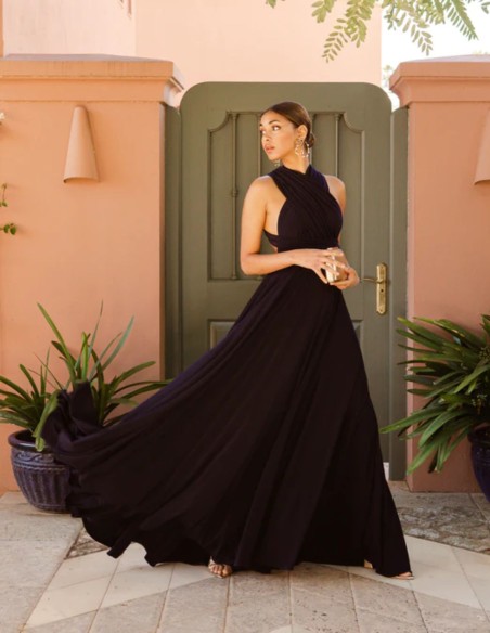 Long party dress with multiposition neckline