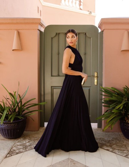 Long party dress with multiposition neckline