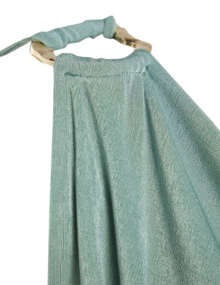 Robe de soirée de style grec bleu clair avec détails dorés