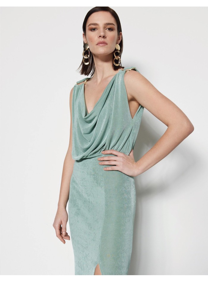 Vestido de fiesta estilo griego azul claro con detalles dorados