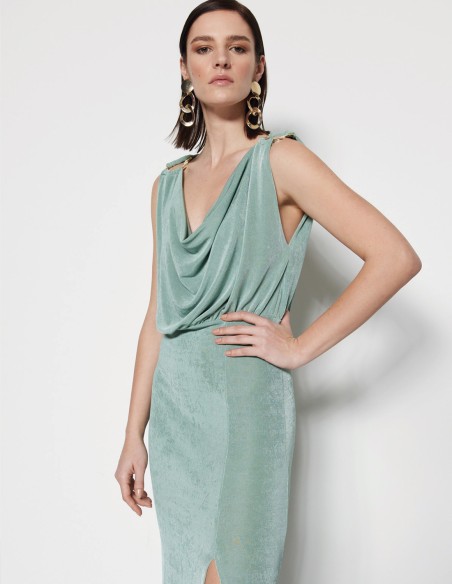 Vestido de fiesta estilo griego azul claro con detalles dorados
