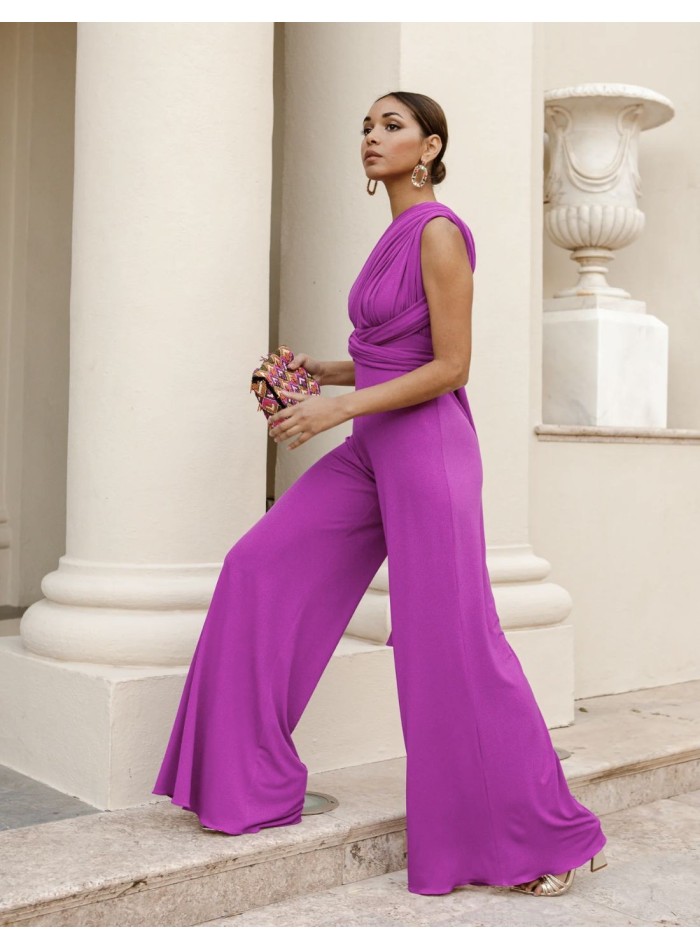 Long party jumpsuit with multi-position neckline