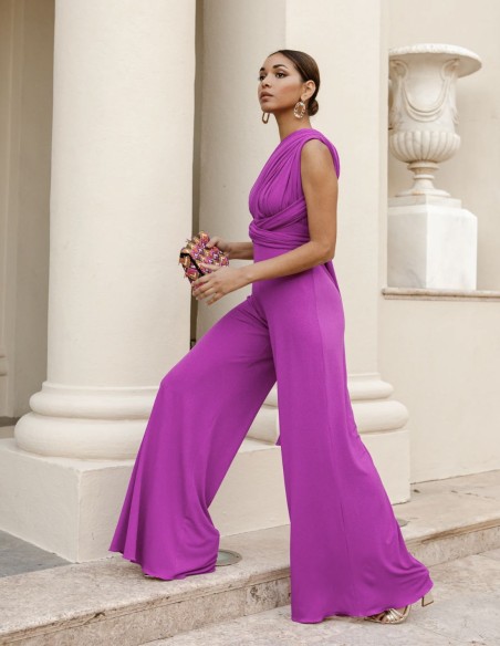 Long party jumpsuit with multi-position neckline