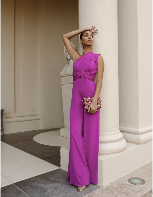 Long party jumpsuit with multi-position neckline