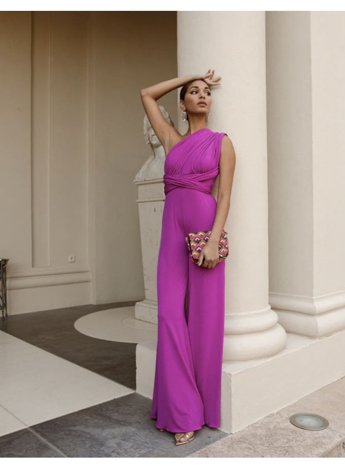 Long party jumpsuit with multi-position neckline