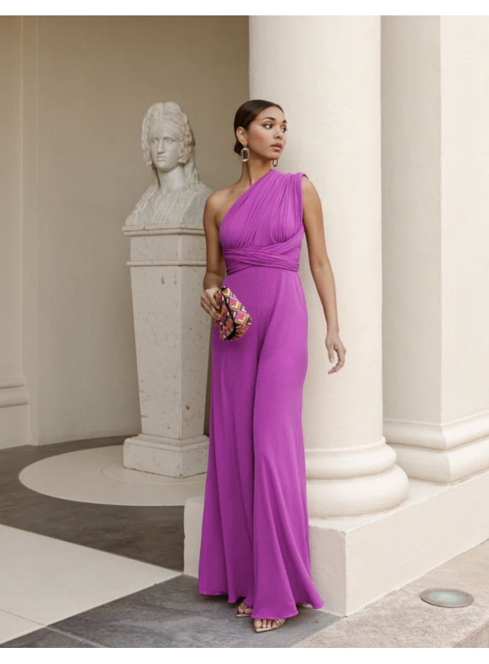 Long party jumpsuit with multi-position neckline