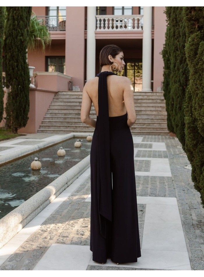 Long party jumpsuit with multi-position neckline