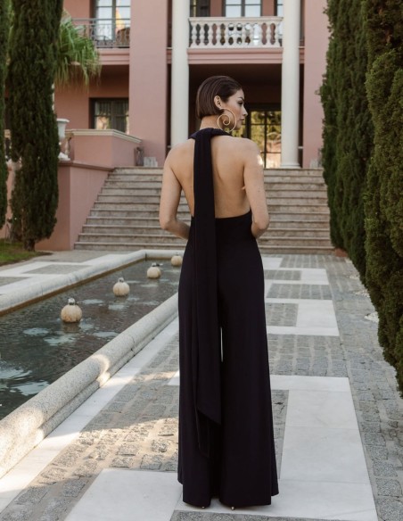 Long party jumpsuit with multi-position neckline