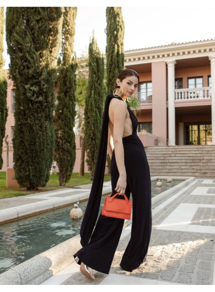 Long party jumpsuit with multi-position neckline