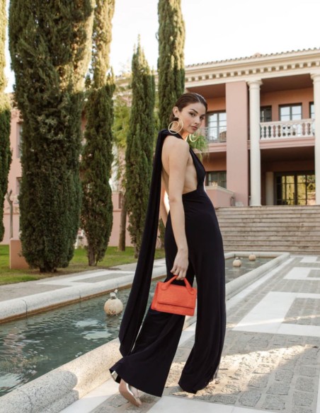 Long party jumpsuit with multi-position neckline