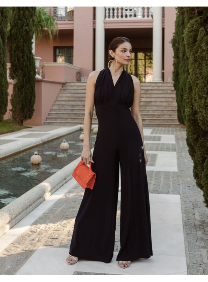 Long party jumpsuit with multi-position neckline