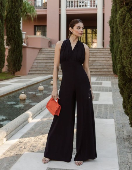 Long party jumpsuit with multi-position neckline