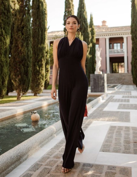 Long party jumpsuit with multi-position neckline