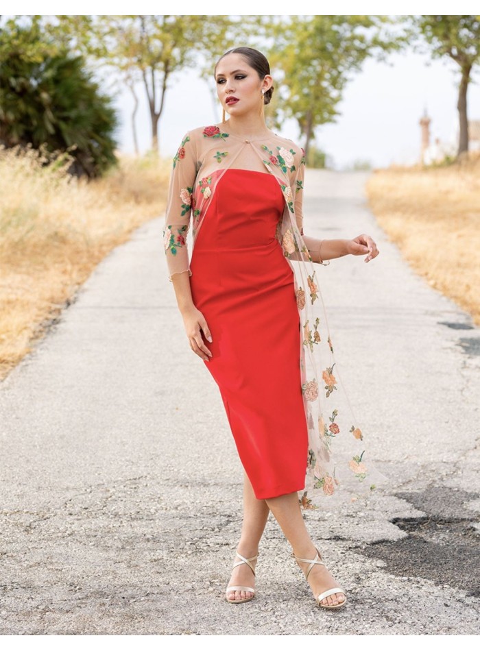 Vestido midi palabra de honor con sobrecapa de tul bordada
