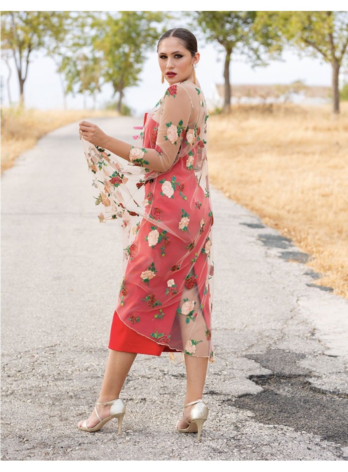 Vestido midi palabra de honor con sobrecapa de...