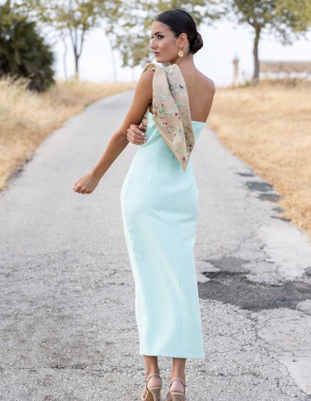 Plain midi dress with asymmetric printed neckline