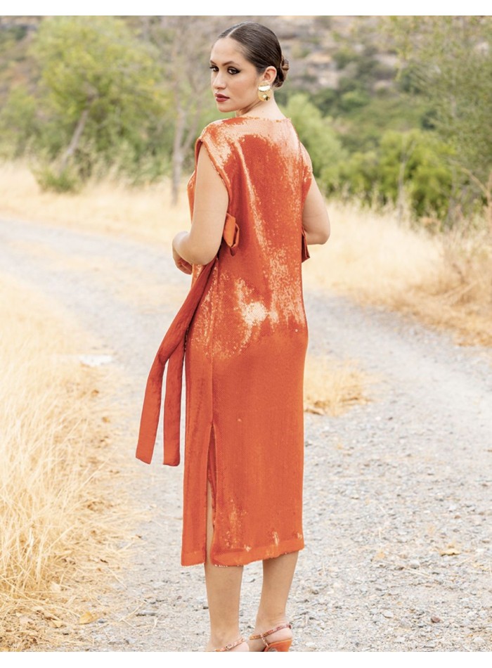 Terracotta midi party dress with sequins