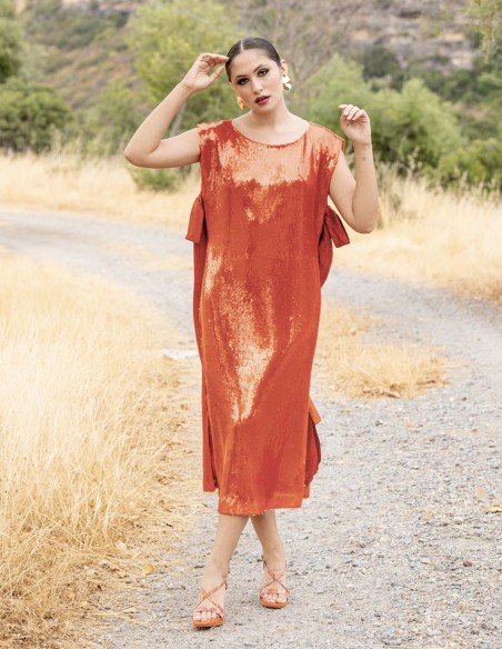 Terracotta midi party dress with sequins