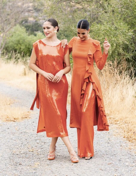 Robe de soirée midi en terre cuite avec sequins