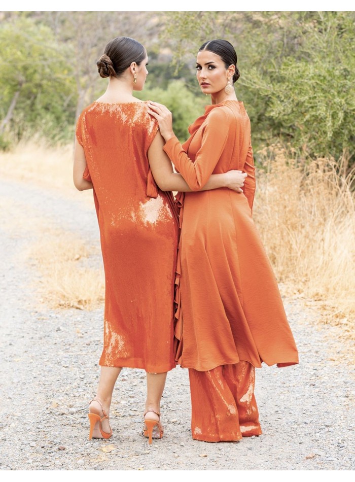 Terracotta midi party dress with sequins