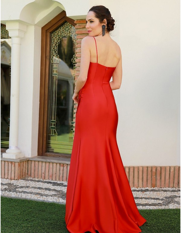 Long satin party dress with plunging neckline and slit 2