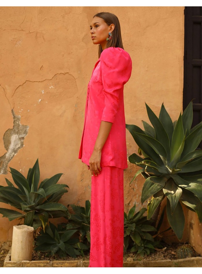 Suit with flowing fabric jacket and palazzo pants for events