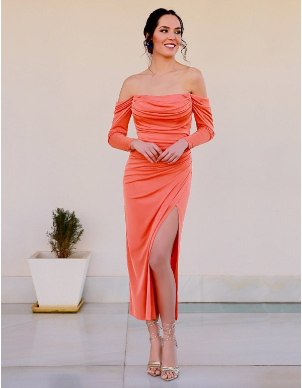 Midi party dress with pleated neckline and dropped sleeves