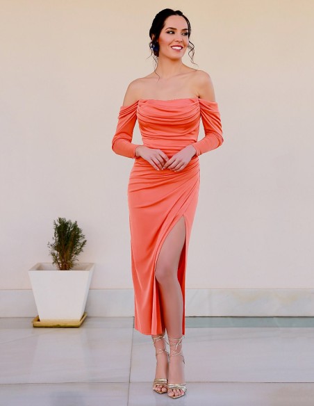 Midi party dress with pleated neckline and dropped sleeves