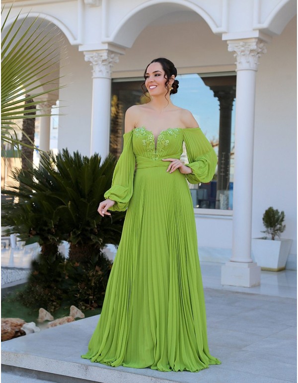 Long pleated party dress with plunging sleeves and embroideries pistachio