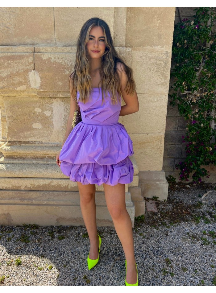 Short party dress with bandeau neckline and layered flared skirt purple