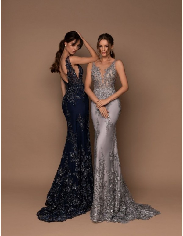 Robe longue de fête gris perle avec broderie sur le...