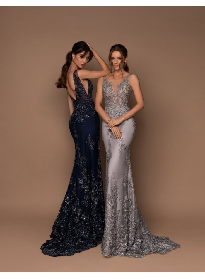 Long pearl grey party dress with embroidery body and neckline