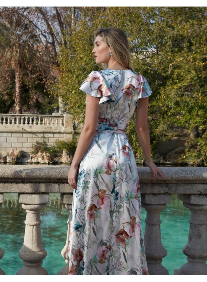 Vestido midi cruzado satinado estampado de flores