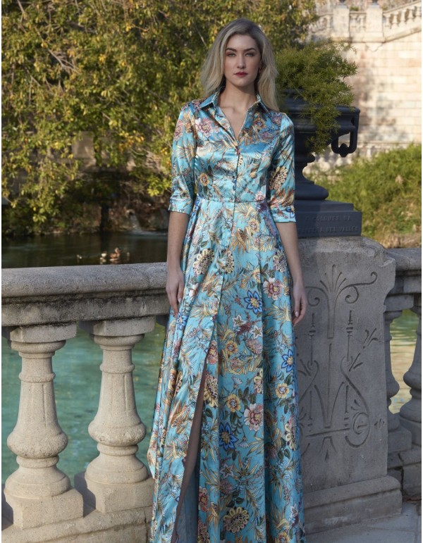 Long shirt dress in satin with floral print