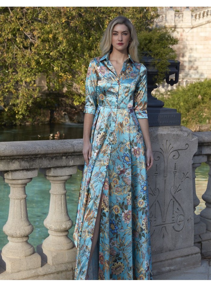 Vestido largo camisero de satén con estampado floral