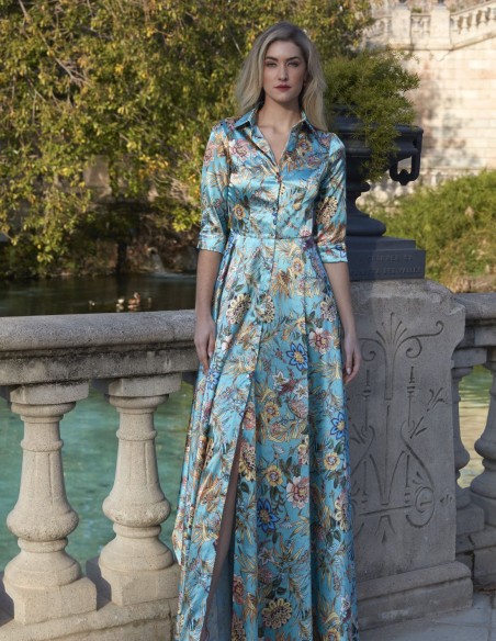 Long shirt dress in satin with floral print