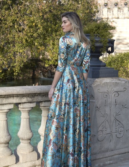 Long shirt dress in satin with floral print