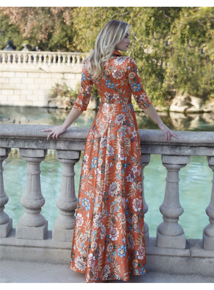 Long shirt dress in satin with floral print