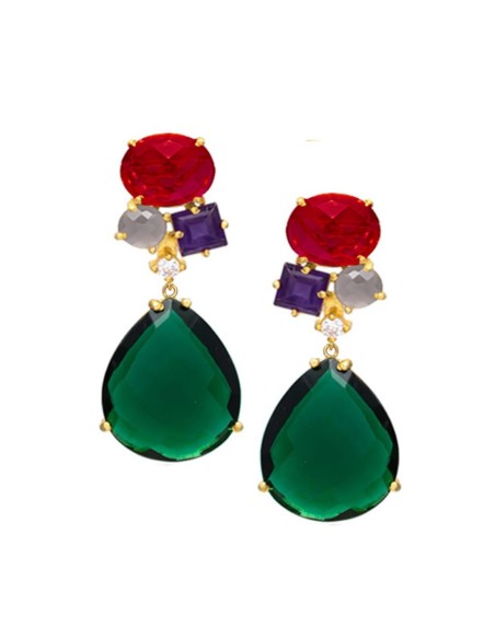 Pendientes de fiesta verdes con piedras geométricas de colores rojo, gris y morado perfectos para eventos.