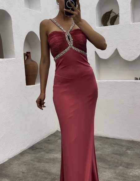 Long party dress with strapless neckline and rhinestones on the neckline