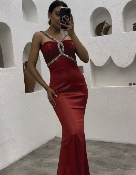 Long party dress with strapless neckline and rhinestones on the neckline