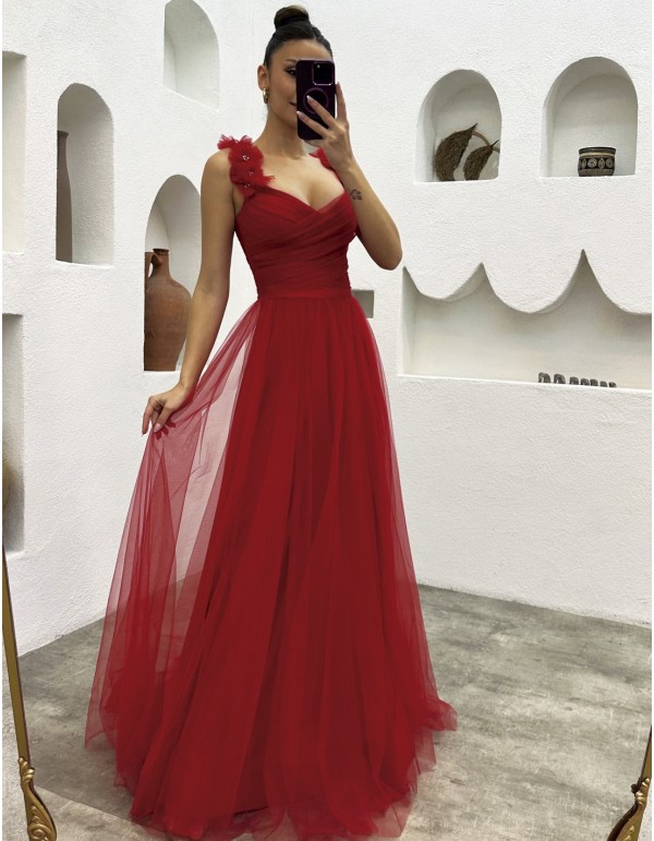 Vestido de fiesta largo de tul con tirantes de flores 2