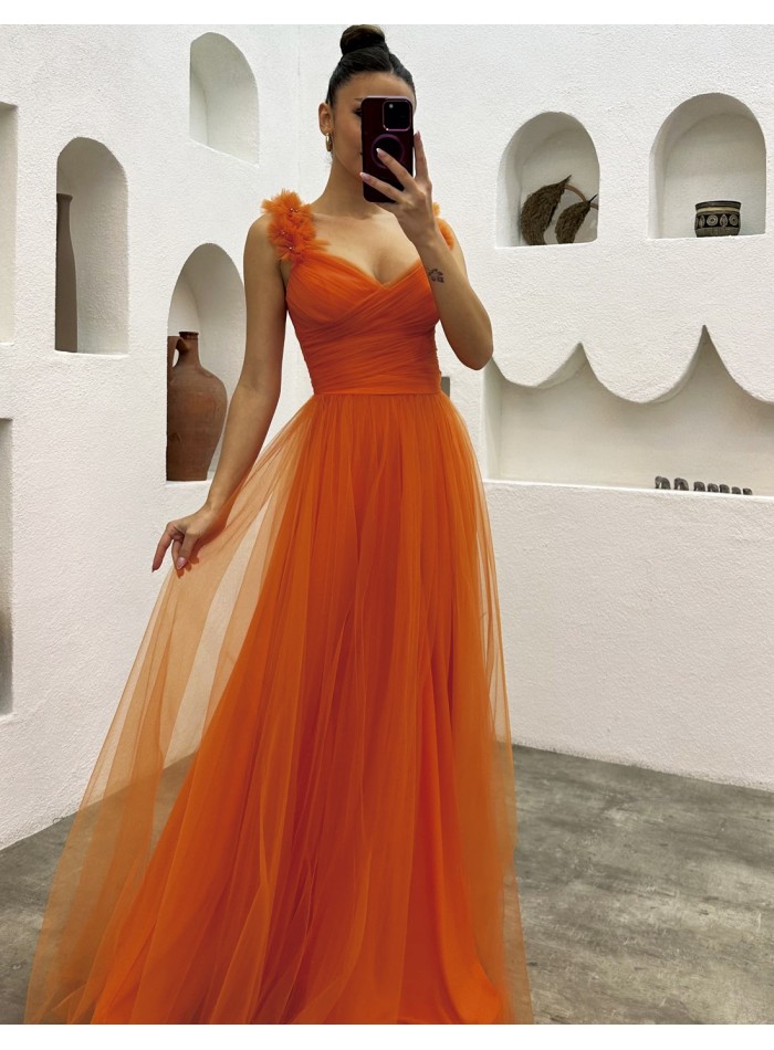 Vestido de fiesta largo de tul con tirantes de...