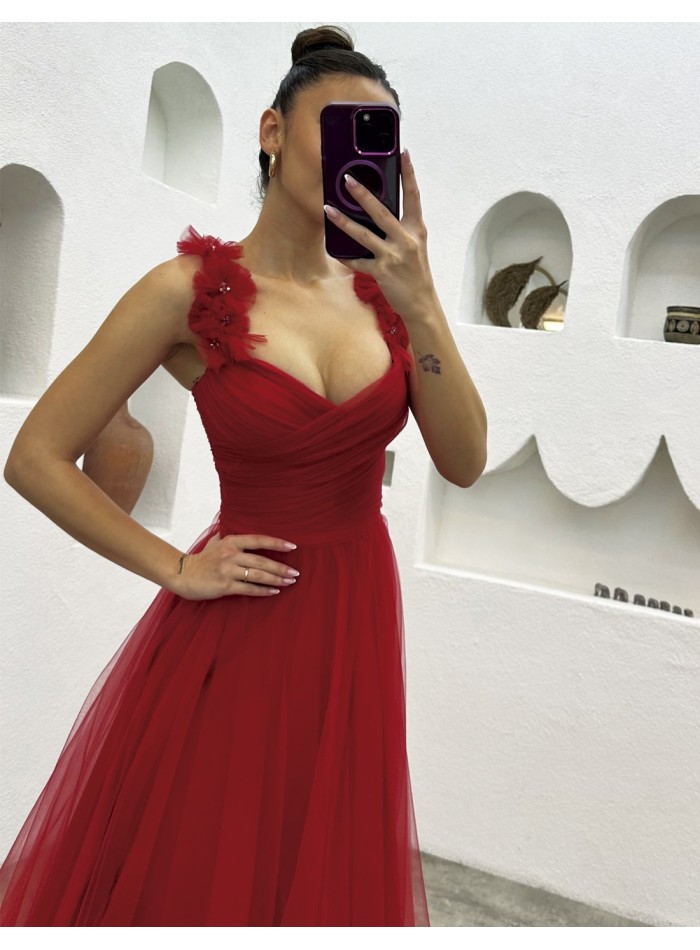 Long tulle party dress with floral straps